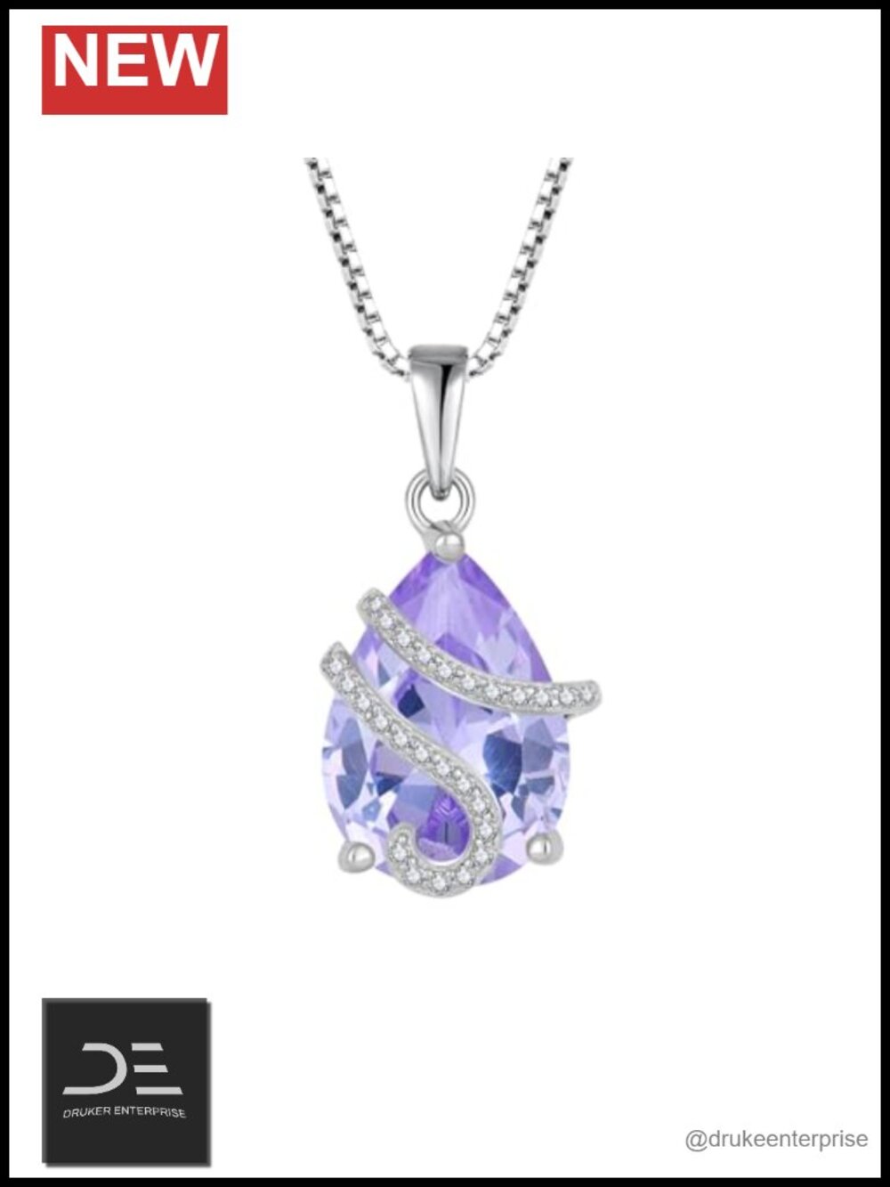 925 Sterling Silver White Gold Plated Pear Cut Pendant Necklace